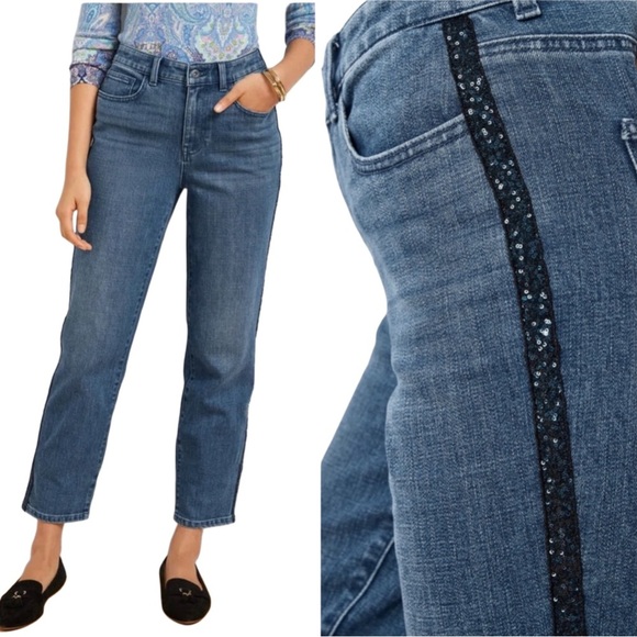 {Talbots} "High Waist Straight Ankle Jeans" Short Blue Sequin Stripe Stretch - Picture 1 of 7